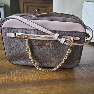 Michael Kors Brown Signature Crossbody with Blush Pink Trim